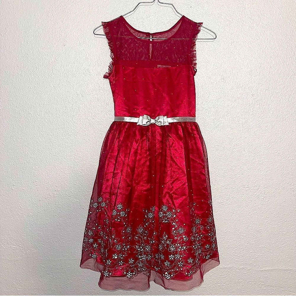 Jona Michelle Girls Red Holiday Sleeveless Dress Silver Glitter Mesh Size 12